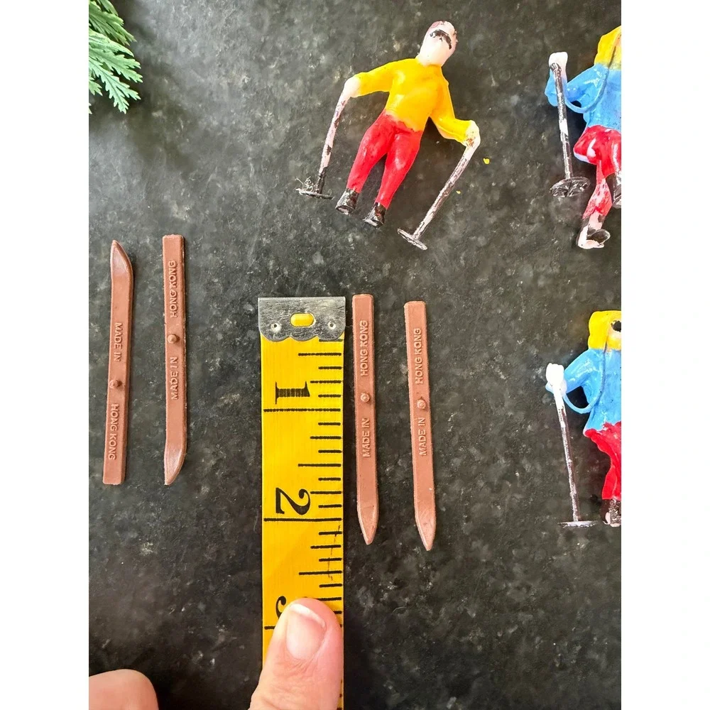 Vintage Plastic Cake Topper Set Skiers Trees Deer Skis Made in Hong Kong Retro
